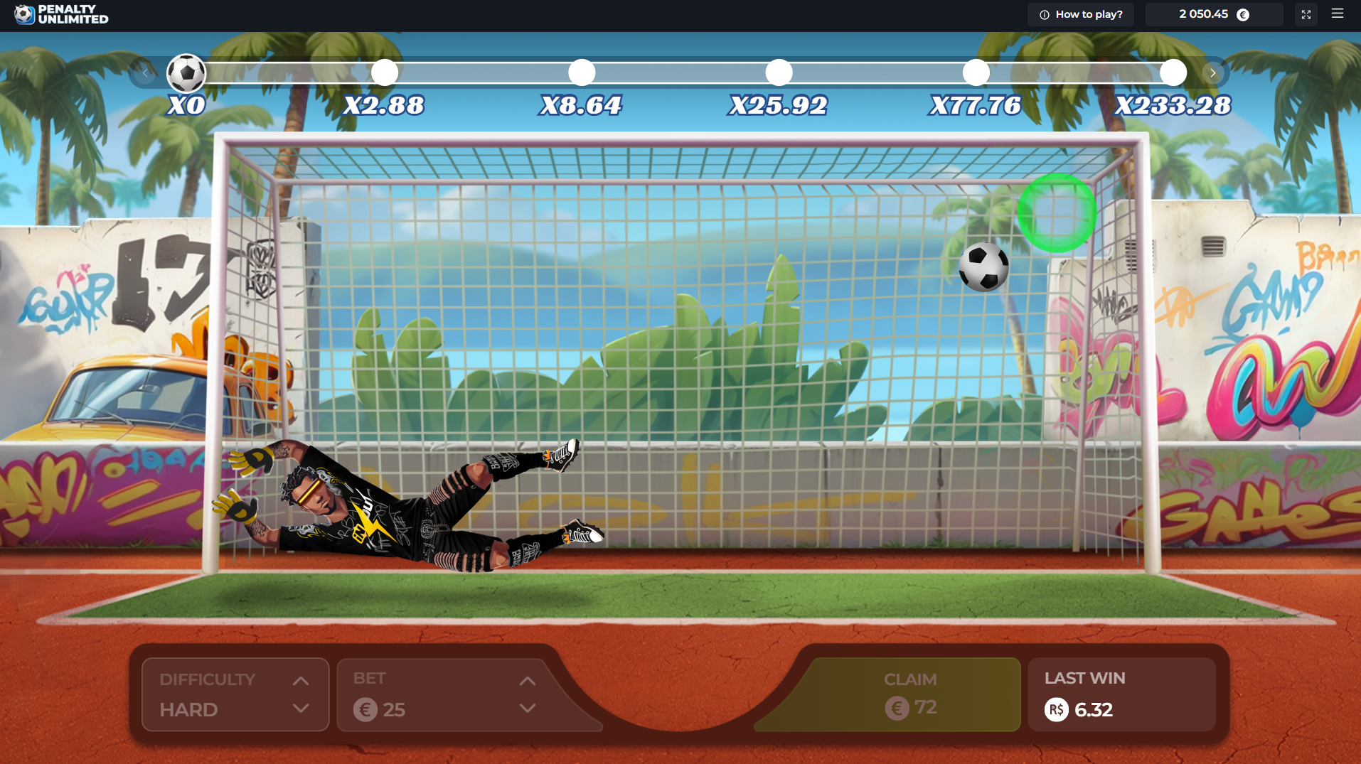 Tir au but sur Penalty Unlimited avec le gardien plongeant et le ballon visé par le cercle de précision