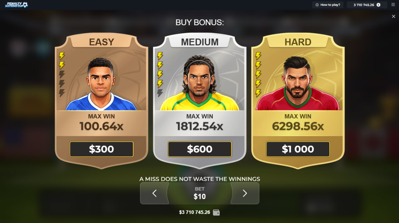 Menu Buy Bonus de Penalty Nations Cup avec les trois niveaux de difficulté Easy, Medium et Hard