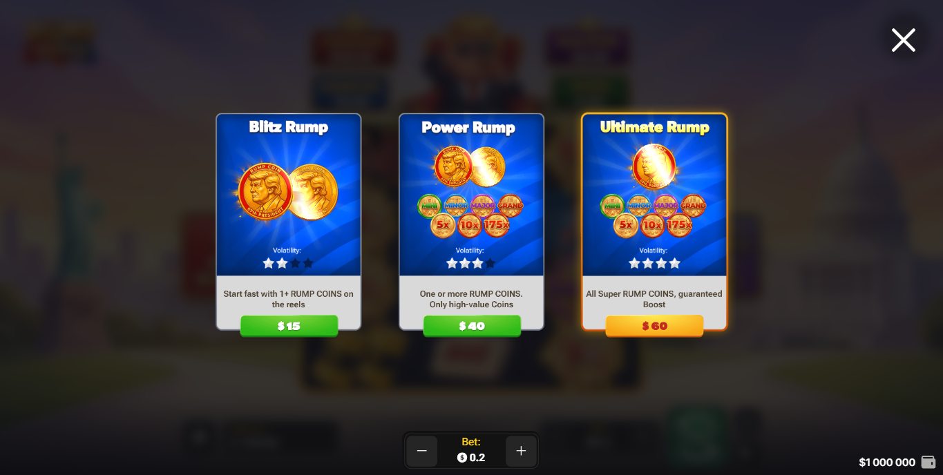 Menu Bonus Buy de Rump And Friends avec les trois offres Blitz Rump, Power Rump et Ultimate Rump