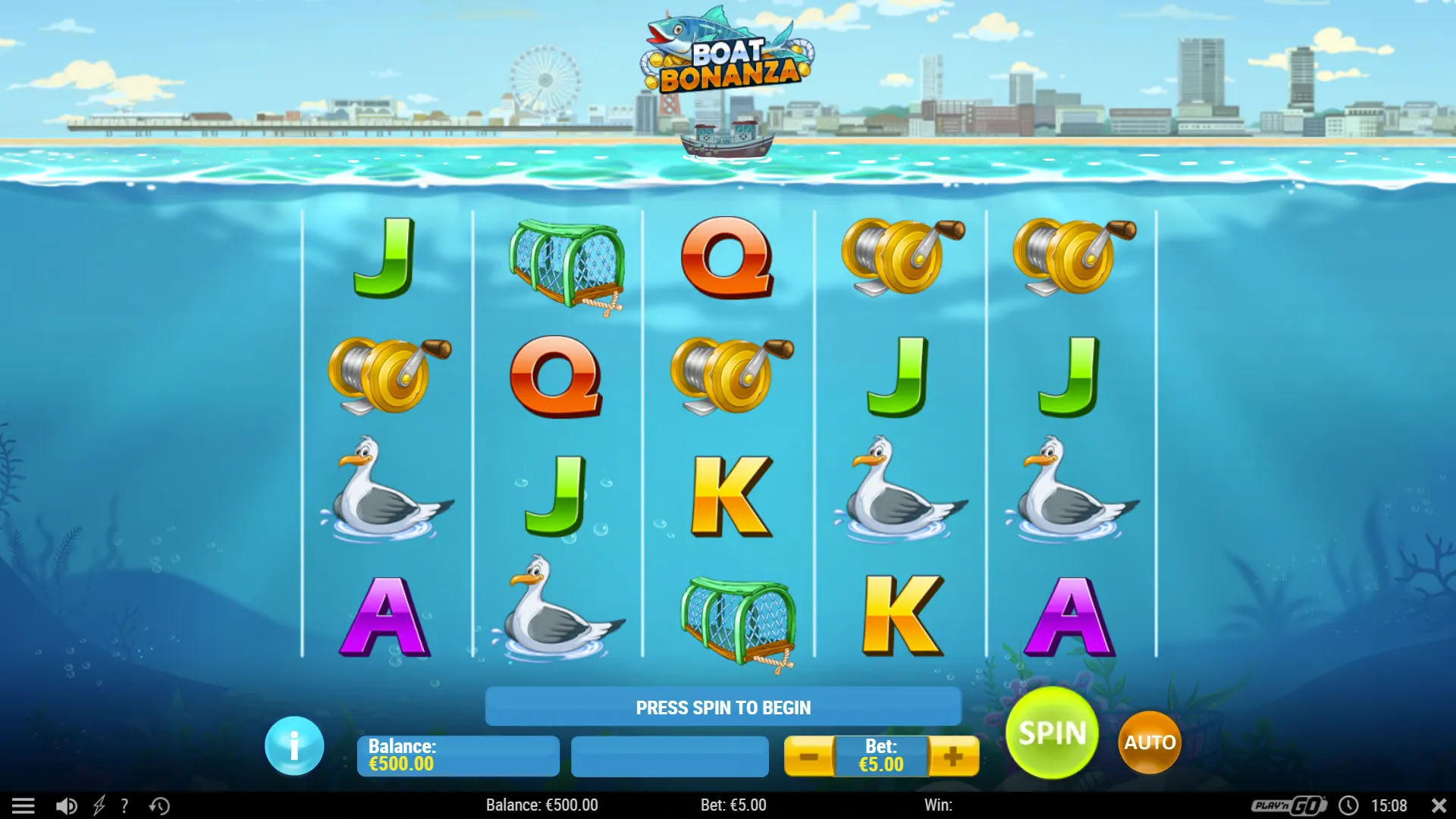 Grille 5x4 de Boat Bonanza en jeu de base avec symboles lettres et bateau au large de Blackpool