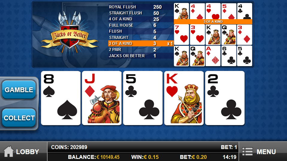 Écran desktop de Jacks or Better MH avec une main 8 valet 5 roi 2 et le tableau des gains affiché