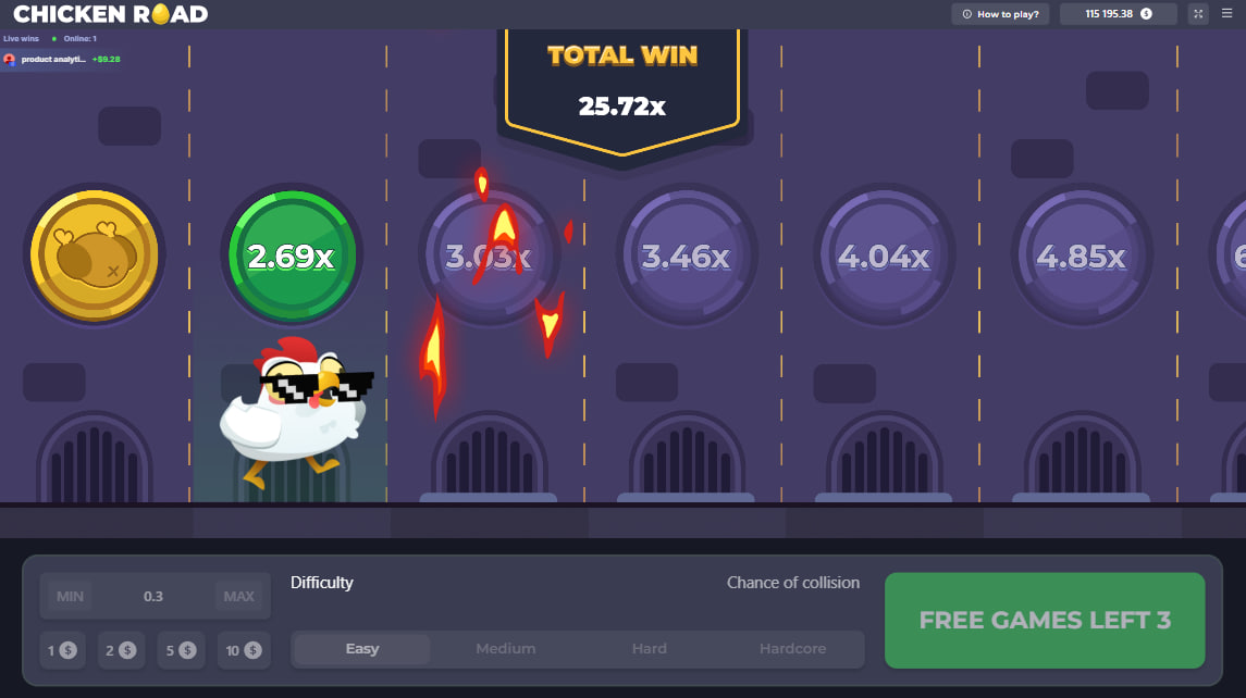 Écran de jeu de Chicken Road Bonus montrant l'échelle de multiplicateurs et le total win à 25,72x