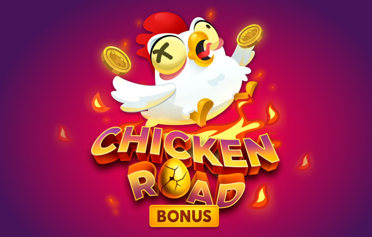 Illustration officielle de Chicken Road Bonus avec le poulet mascotte entouré de pièces dorées et de flammes