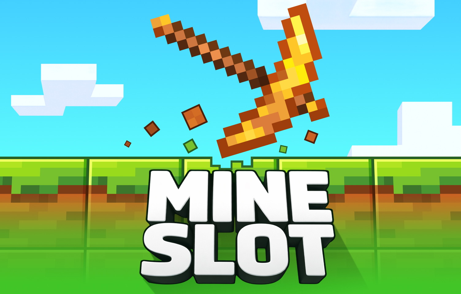 Écran titre de Mine Slot avec pioche dorée et logo pixelisé sur fond de bloc d'herbe