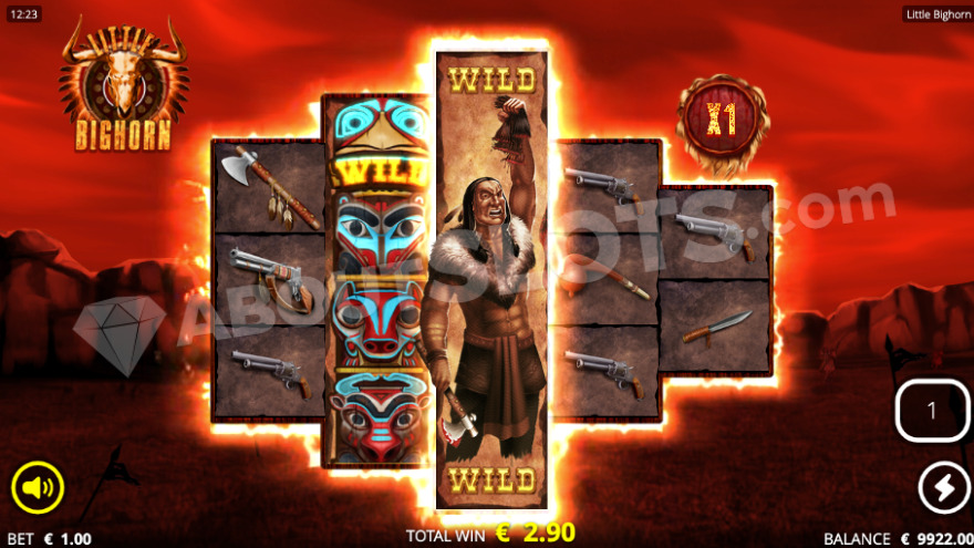 Écran de la fonctionnalité Scalp Wild sur Little Bighorn avec soldats transformés en wilds multiplicateurs