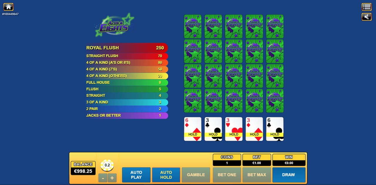 Grille de 20 mains simultanées d'Aces and Eights avec les cartes à conserver en surbrillance
