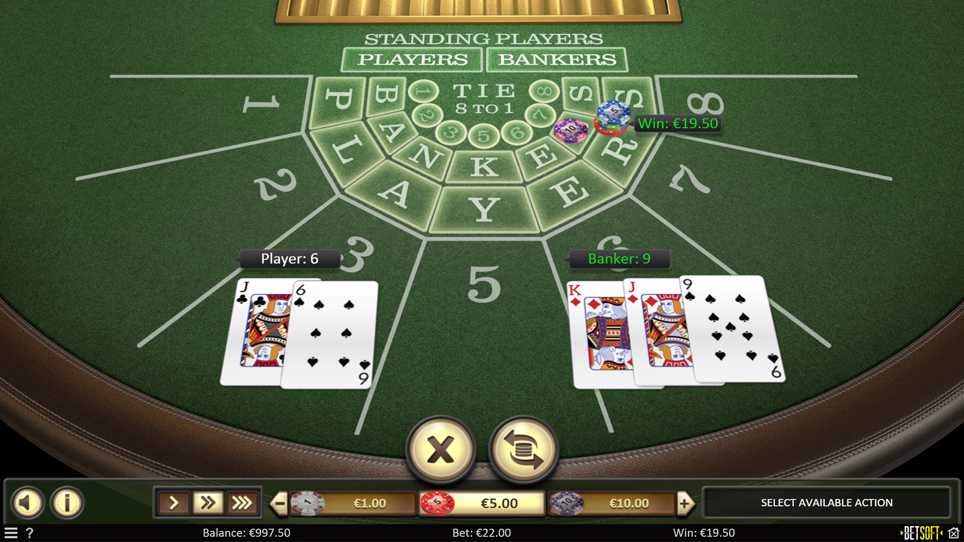 Résultat d'une manche sur Baccarat Betsoft avec la main Banker gagnante à 9 points