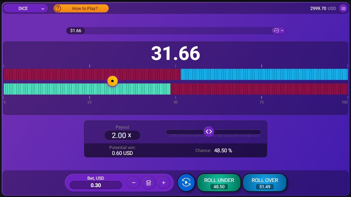 Résultat de tir sur Dice Spribe affichant 31,66 avec une mise de 0,30 USD en cours