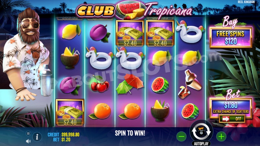 Grille de jeu 5x4 de Club Tropicana avec plusieurs symboles argent alignés et le bouton Buy Free Spins en évidence