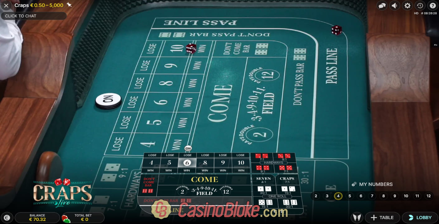 Vue aérienne du tapis de Craps Evolution avec les zones Pass Line, Come et Field visibles