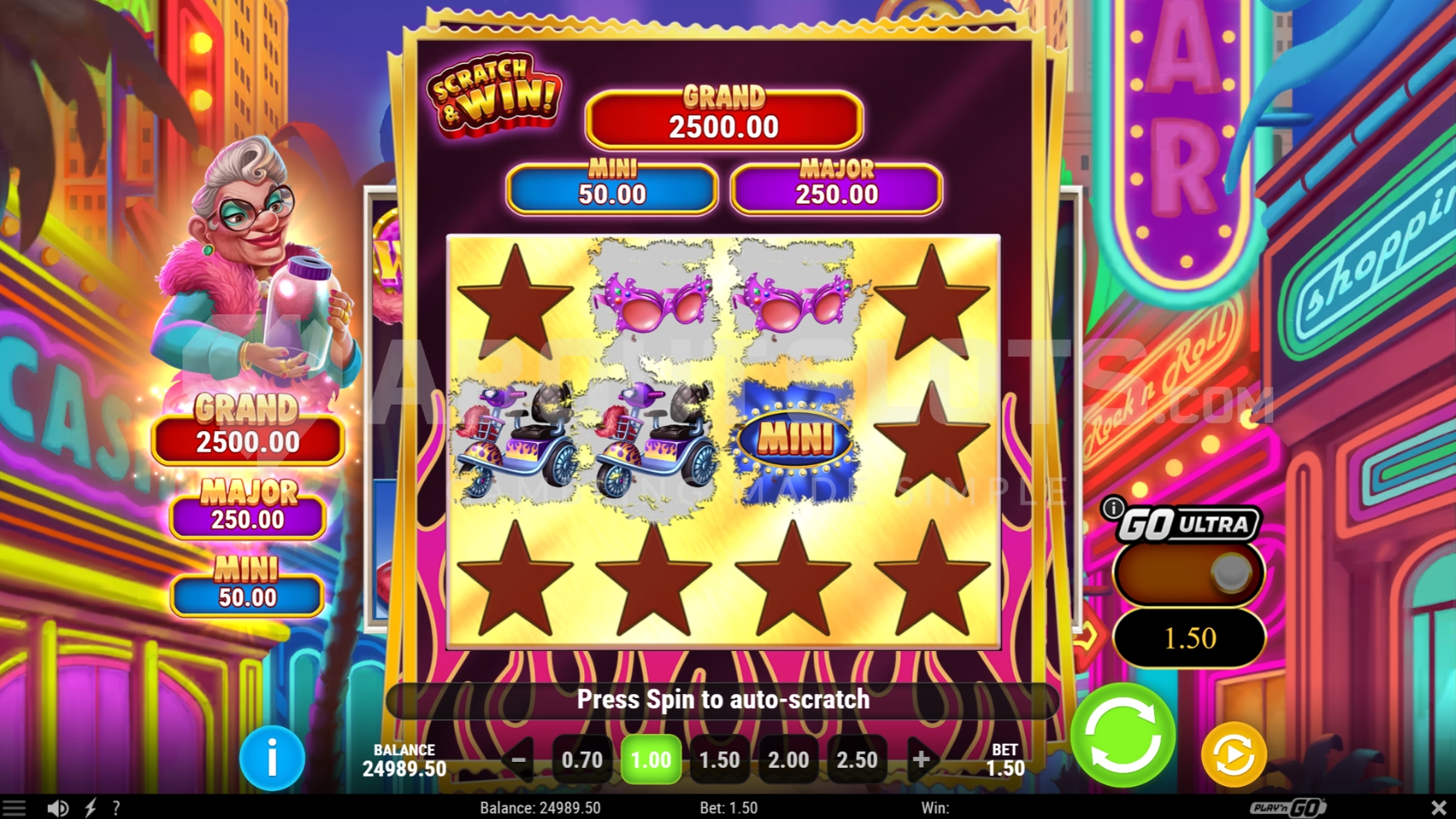 Écran du bonus Scratch’n Win de Granny’s Wild avec le ticket à gratter et les gains