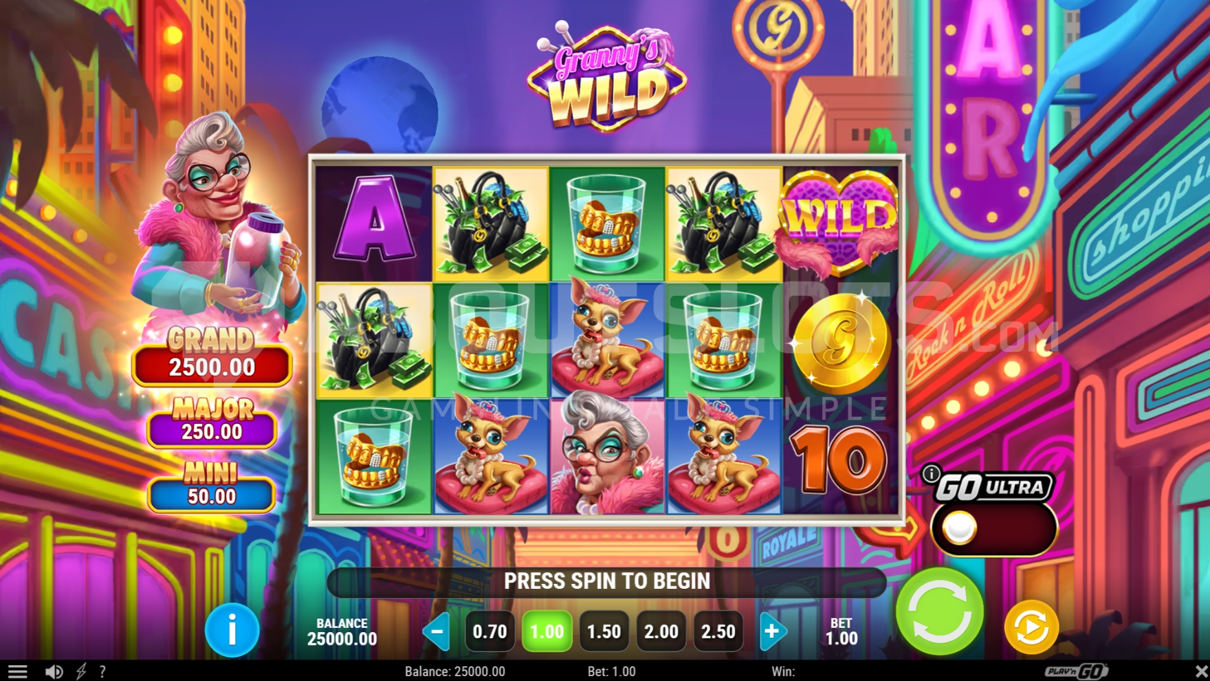 Grille 5x3 de Granny’s Wild en jeu de base avec les symboles pièces sur les rouleaux