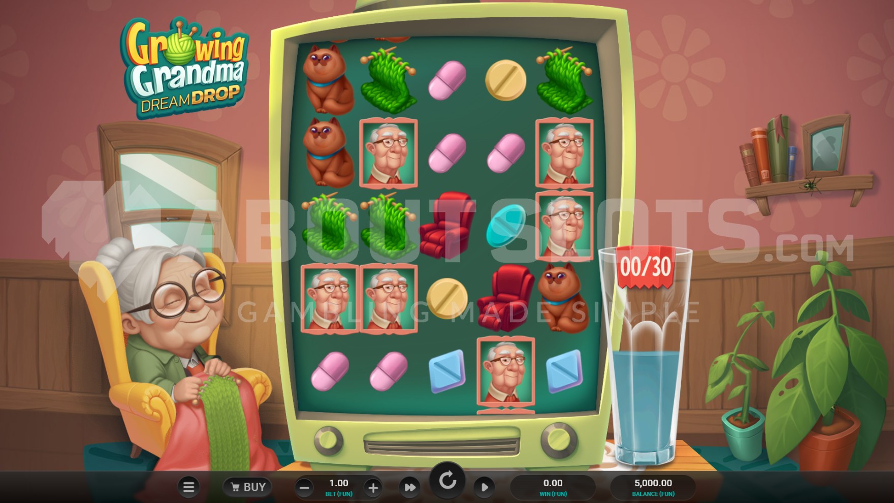 Grille 5x5 de Growing Grandma Dream Drop en jeu de base avec le verre de dentiers rempli à 00 sur 30