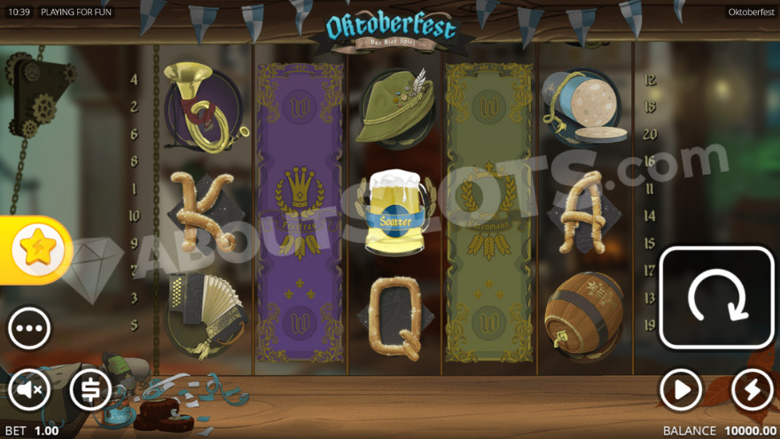 Grille 5x3 d'Oktoberfest avec le scatter bière visible sur le troisième rouleau avant les Bierspins