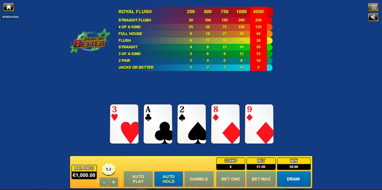 Main de cinq cartes distribuée sur Jacks or Better Habanero avec la fonction Auto Hold activée