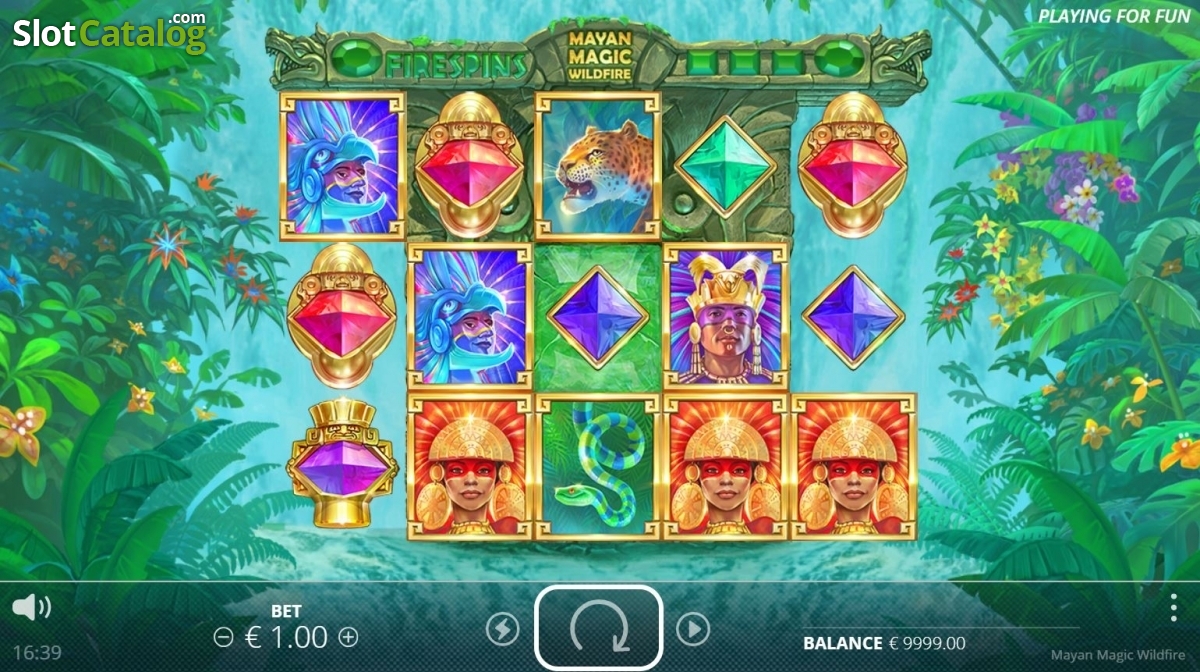 Grille 5x3 de Mayan Magic avec symboles glyphes mayas et prêtresse pendant une partie