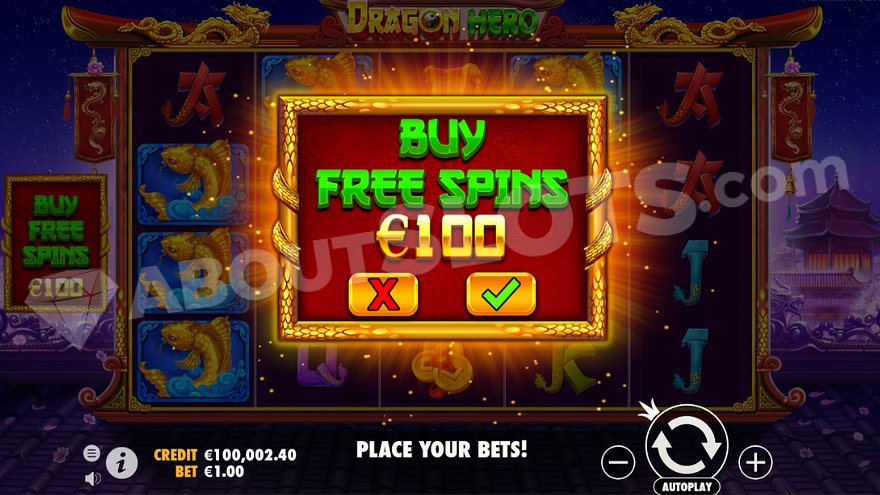 Écran d'achat de bonus sur Dragon Hero proposant les free spins pour 100 euros de mise engagée