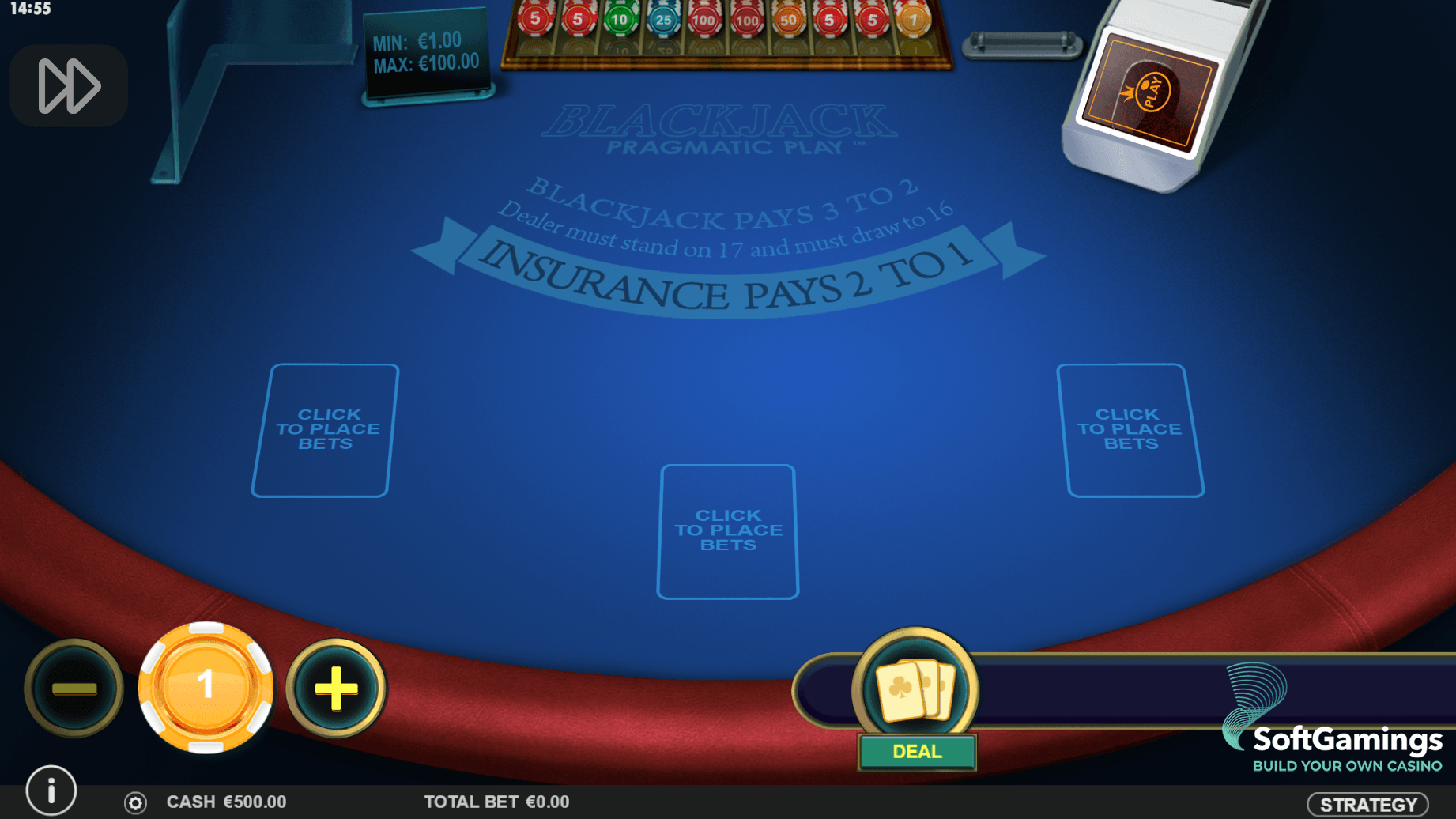 Table vide de Multihand Blackjack avec mise minimum 1 euro et maximum 100 euros affichés