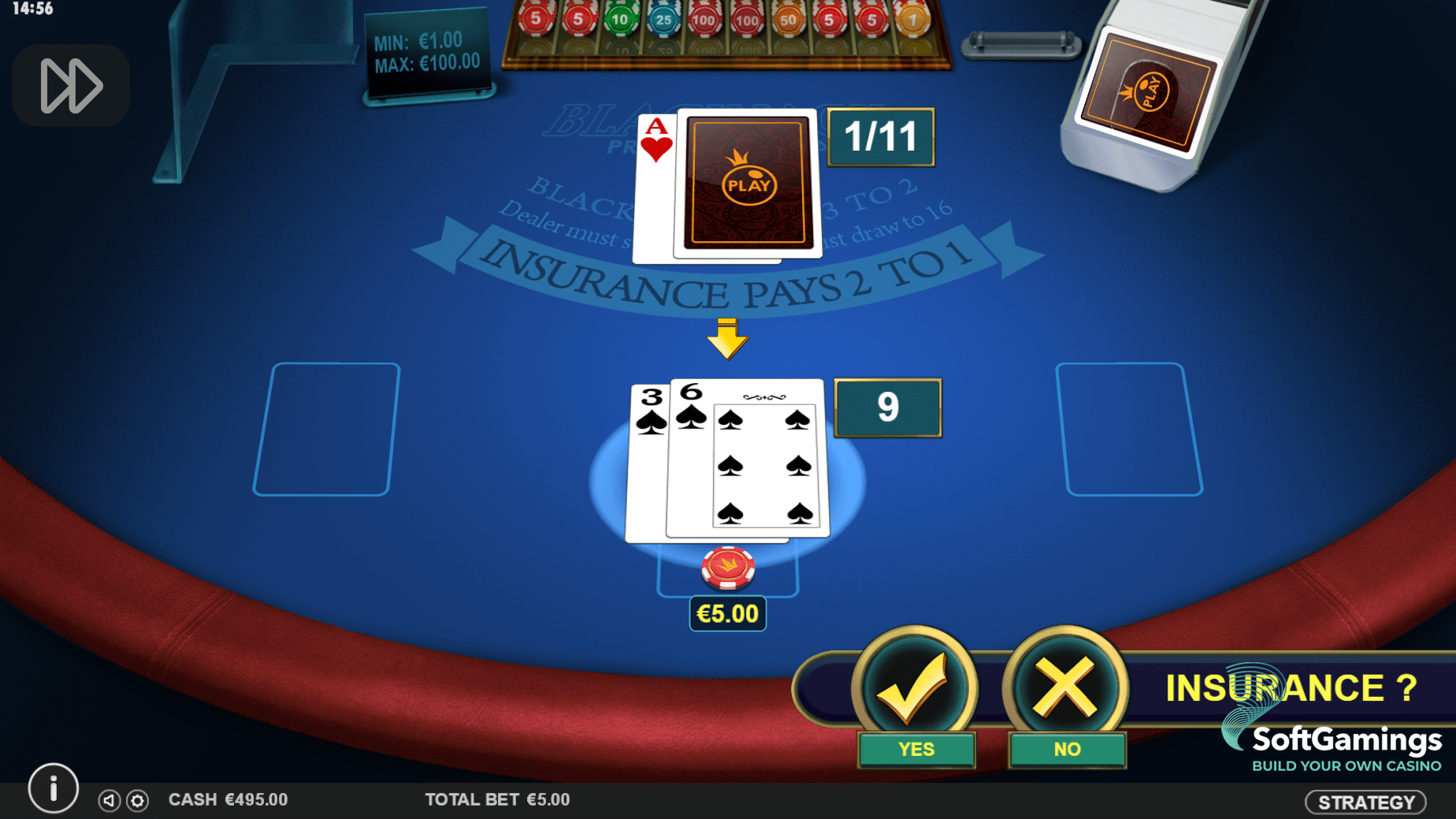 Écran d'assurance de Multihand Blackjack avec un As du croupier visible et une main à 9 points
