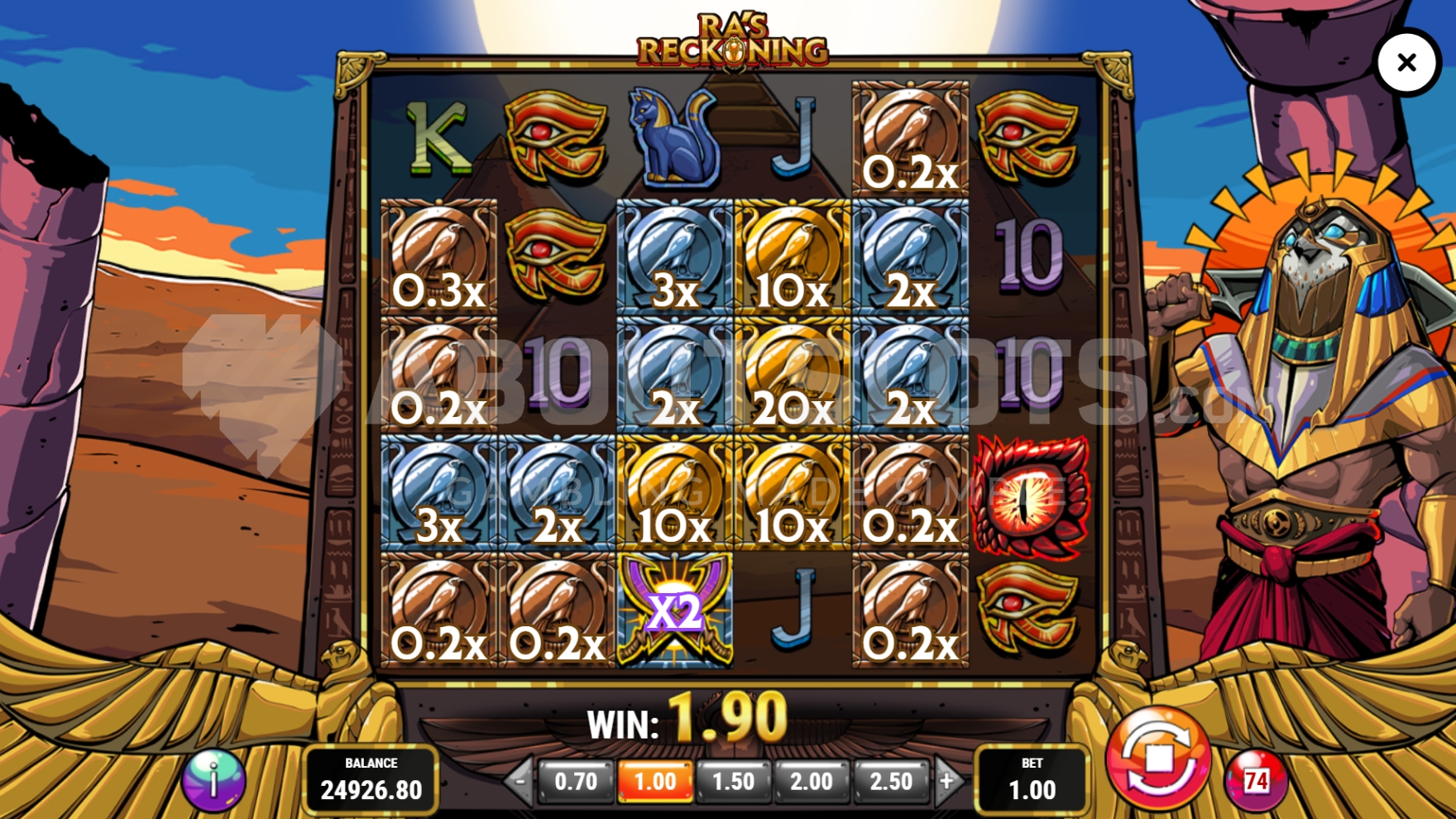 Cadres Divine Frames activés sur Ra’s Reckoning révélant des pièces multiplicatrices de 0,2x à 20x