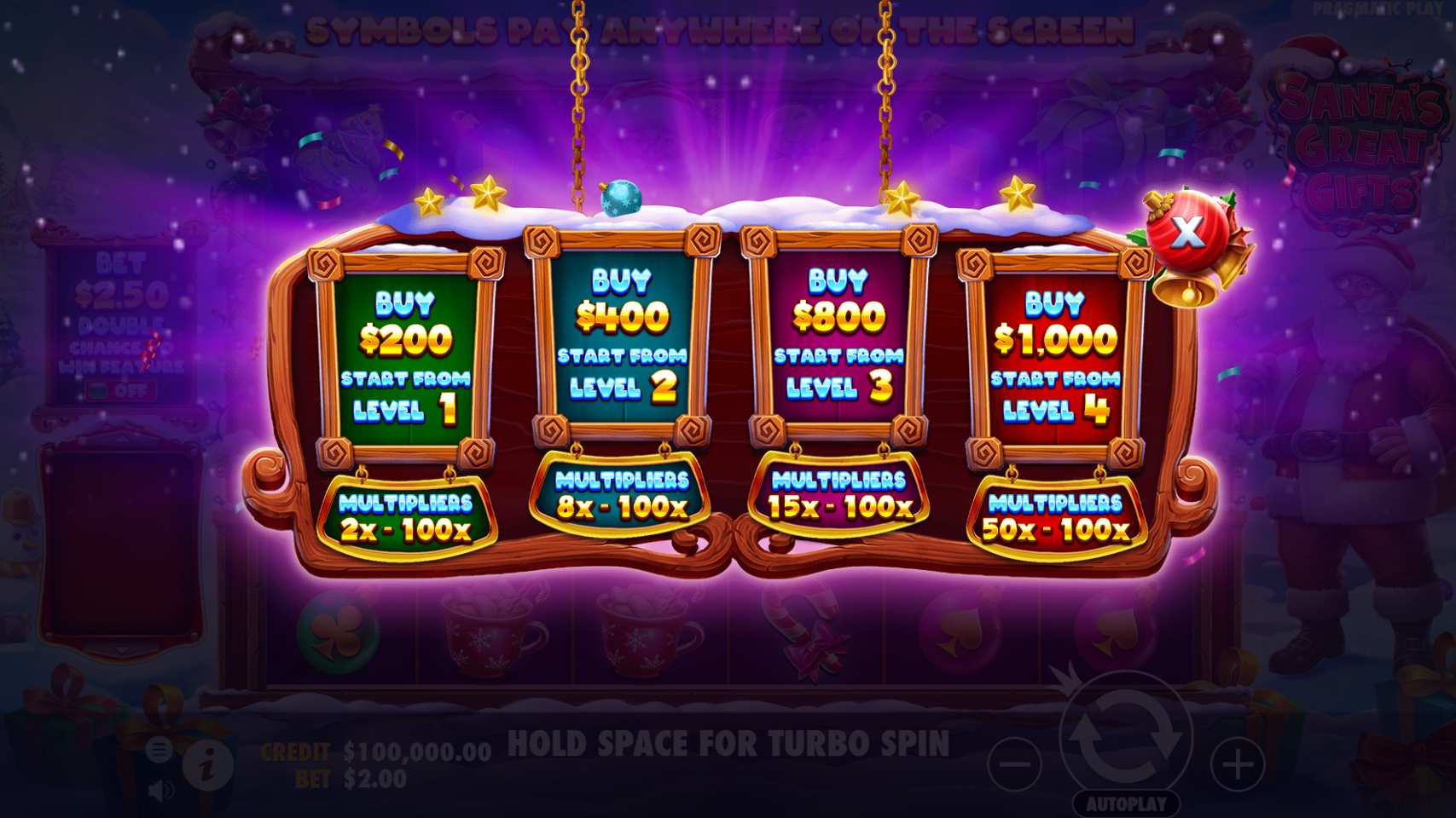 Menu Feature Buy de Santa's Great Gifts affichant les 4 niveaux d'achat de bonus et leurs multiplicateurs