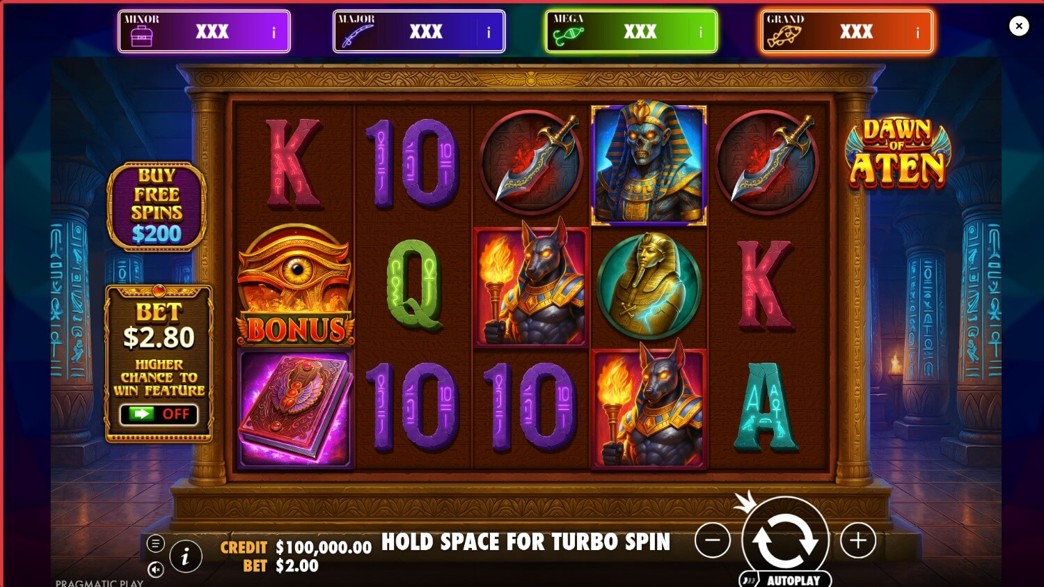 Grille 5x3 de Dawn of Aten avec le symbole Bonus et le bouton Buy Free Spins visibles