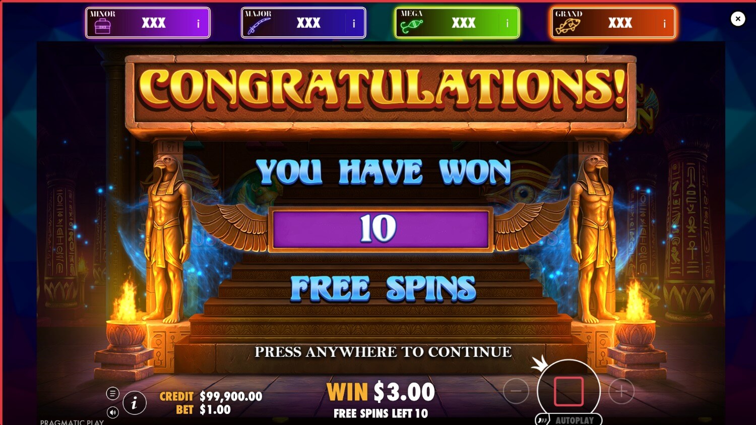 Écran de déclenchement des free spins sur Dawn of Aten annonçant 10 tours gratuits
