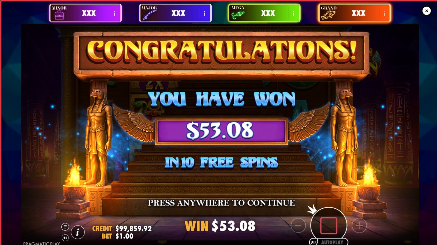 Écran de gain de Dawn of Aten affichant un gain de 53,08 dollars en 10 free spins gratuits