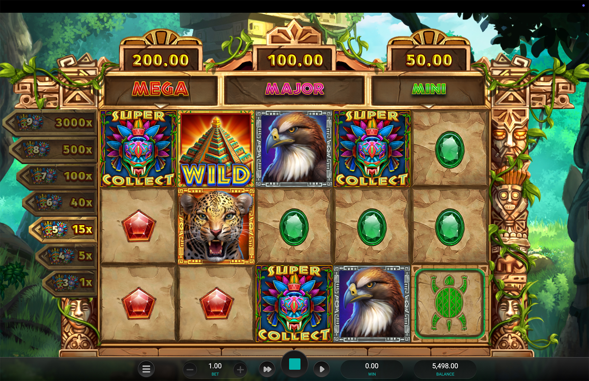 Grille 5x3 de Masked Treasures avec les paliers Mini Major Mega et symboles Collector visibles
