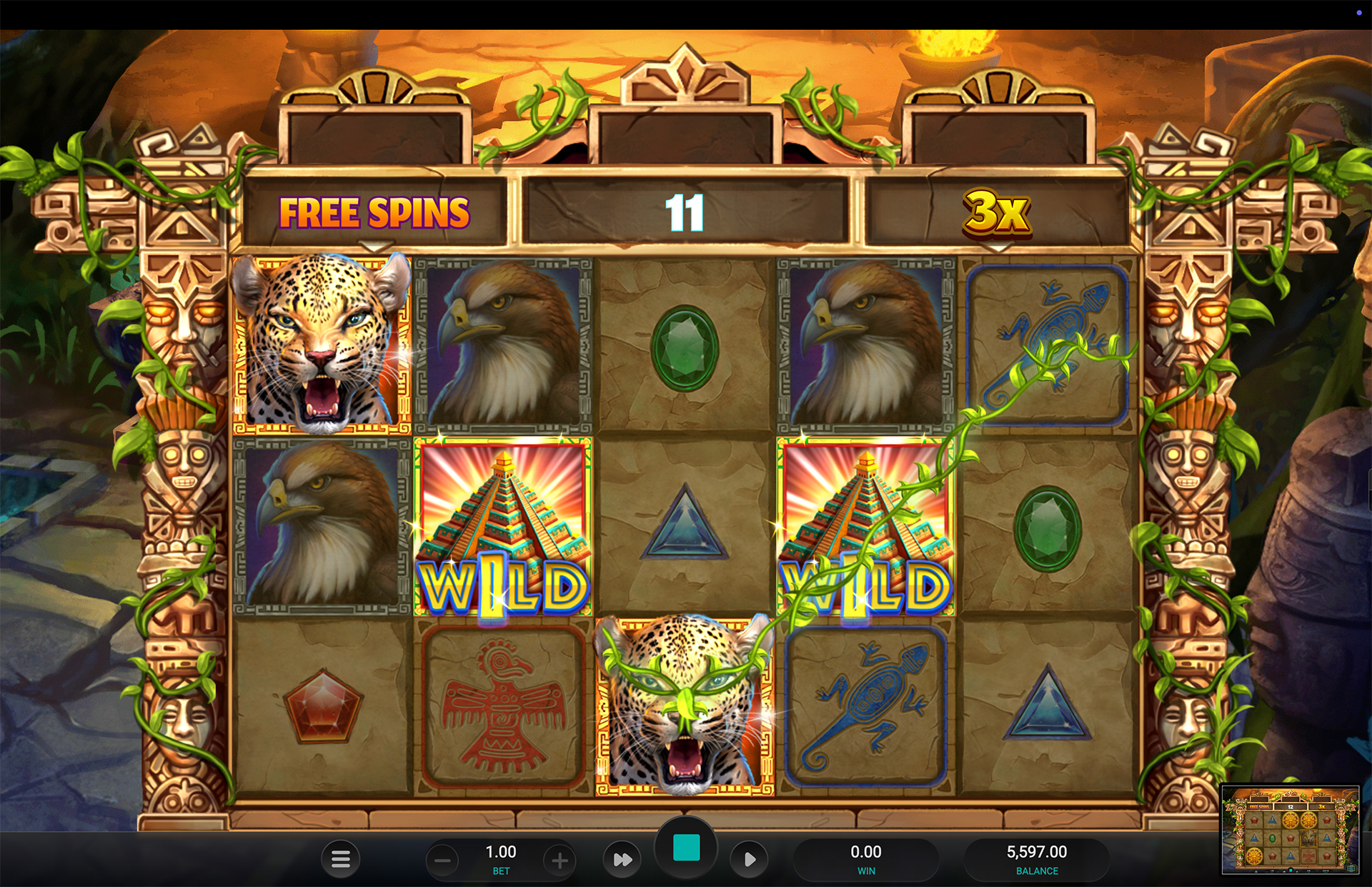 Écran de free spins de Masked Treasures avec 11 tours restants et multiplicateur 3x actif