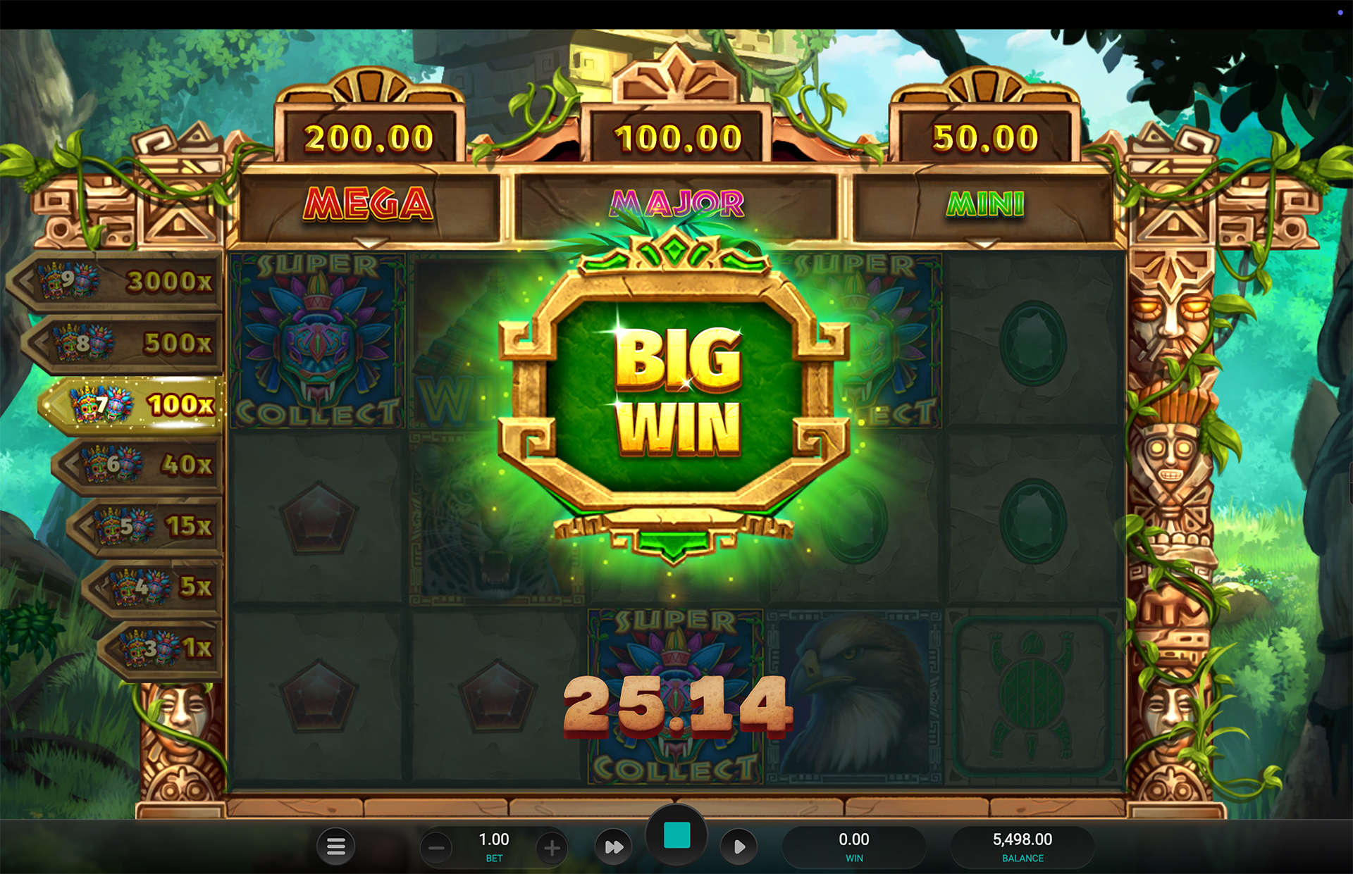 Écran de gros gain sur Masked Treasures affichant un Big Win pendant une session de test