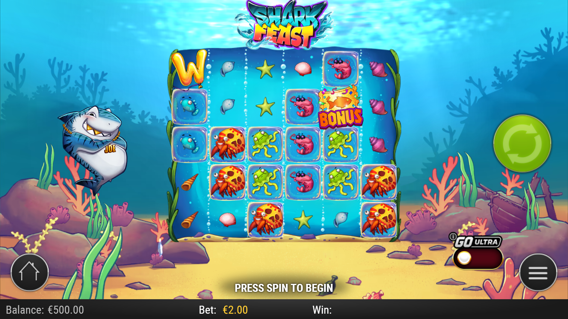 Version mobile de Shark Feast avec bouton GO Ultra activé et symbole Bonus scatter visible