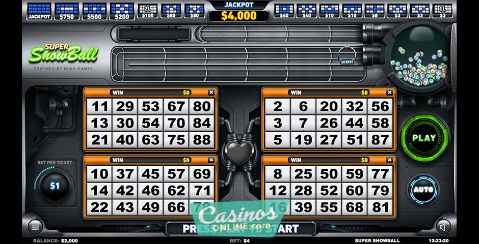 Interface de Super Showball montrant les quatre cartons de bingo et le jackpot de 4 000x affiché en haut d'écran