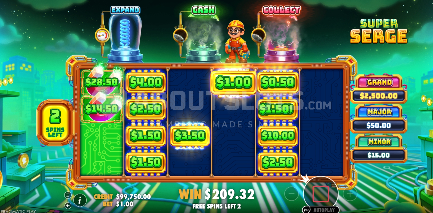 Écran des Cash Collect Spins de Super Serge avec symboles Money et Collect qui multiplient les gains