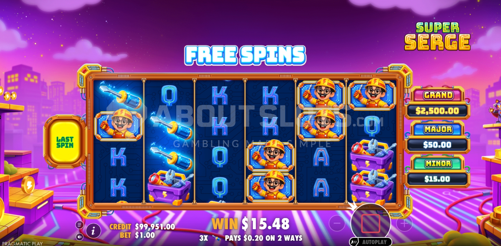 Écran de Free Spins de Super Serge affichant un multiplicateur Wild x5 sur les rouleaux centraux