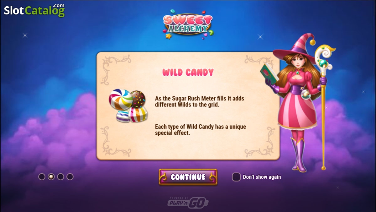 Écran explicatif Wild Candy de Sweet Alchemy présentant les bonbons Regular, Striped et Dotted
