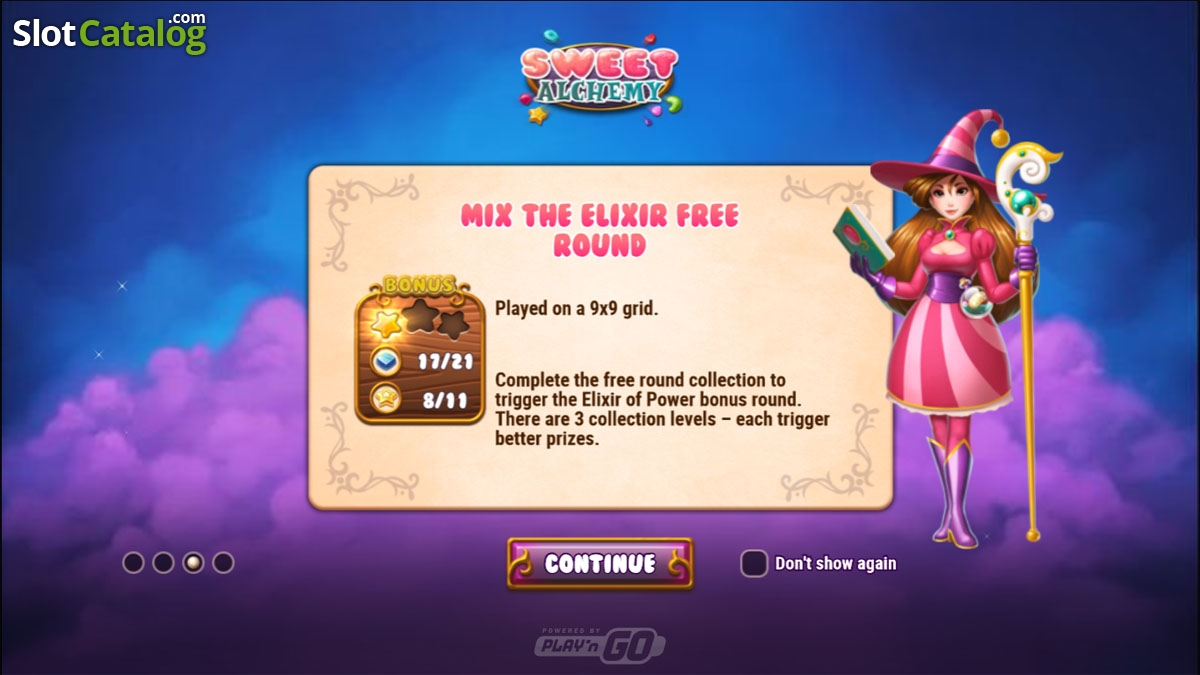 Écran Mix the Elixir Free Round de Sweet Alchemy annonçant la grille 9x9 et les niveaux de collecte