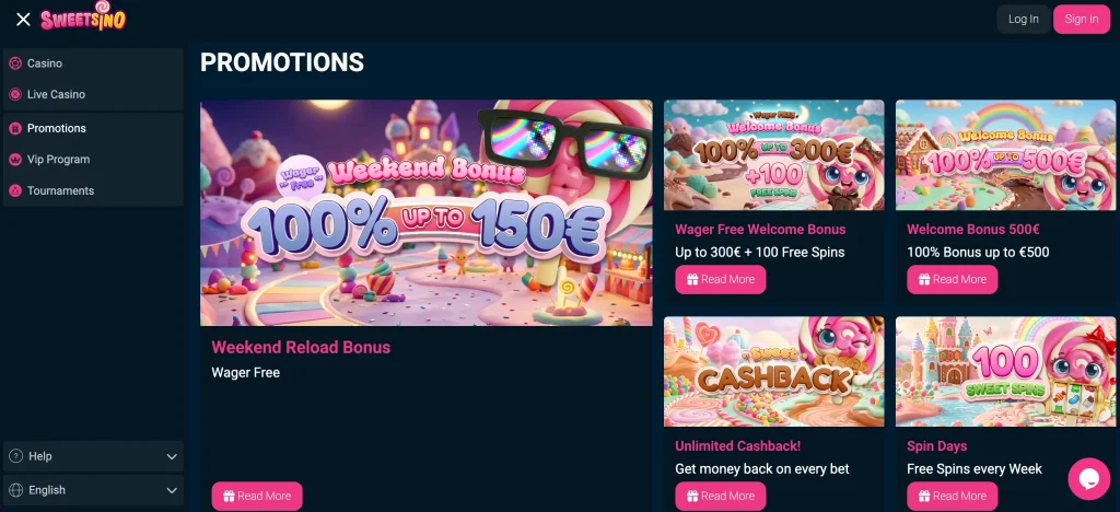 Page des bonus de Sweetsino présentant le pack de bienvenue sans wager et les codes promo