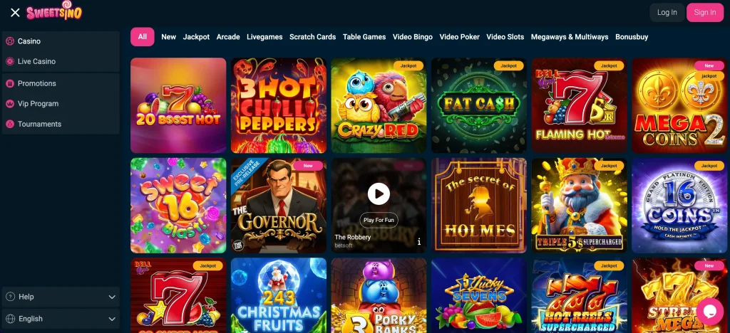 Lobby de jeux de Sweetsino avec les filtres par fournisseur et les catégories de machines à sous