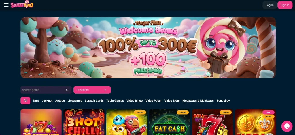 Page d'accueil de Sweetsino avec son thème confiserie coloré et le menu de navigation principal