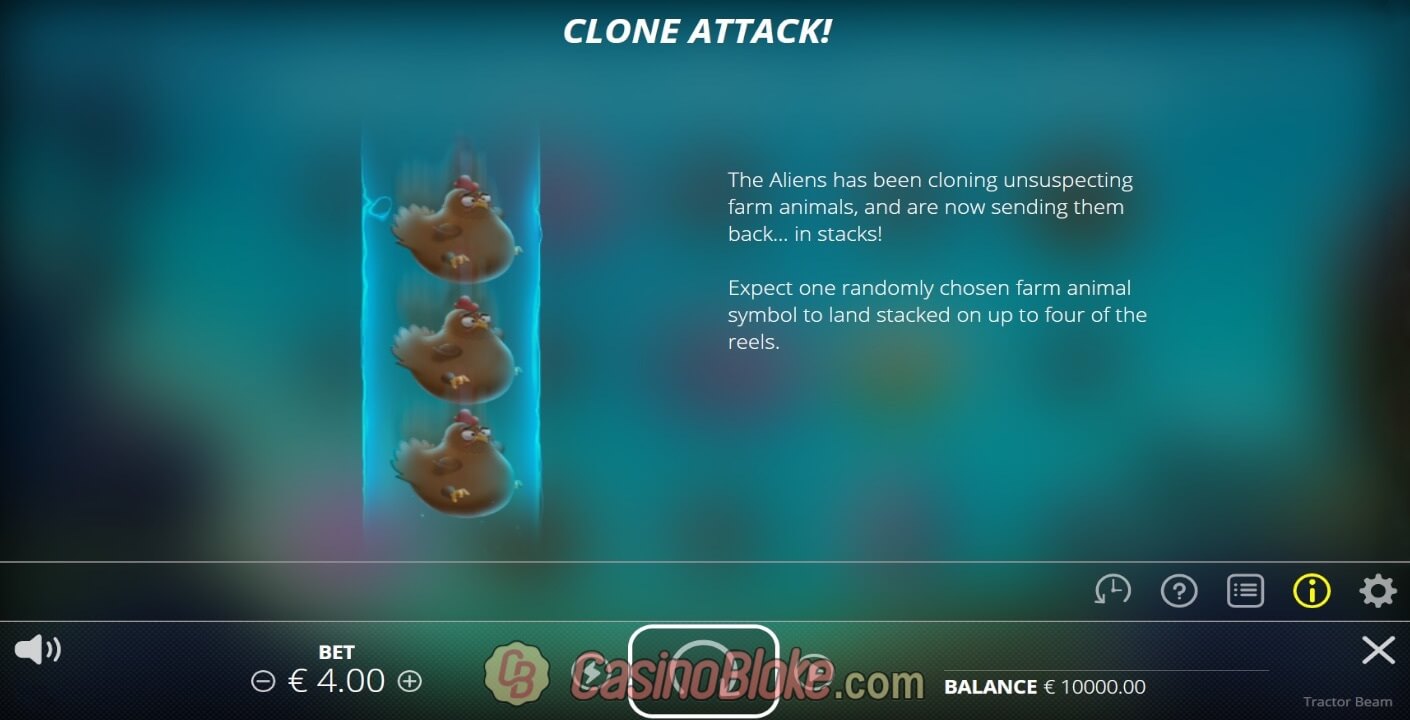 Écran d'explication de la feature Clone Attack sur Tractor Beam avec trois poules empilées sur un rouleau