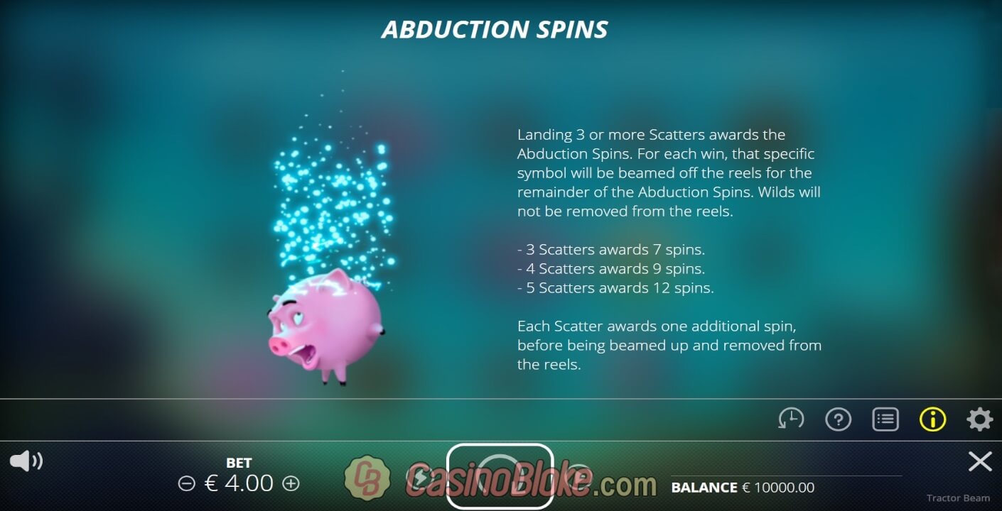 Écran des Abduction Spins de Tractor Beam détaillant les tours gratuits accordés selon le nombre de scatters