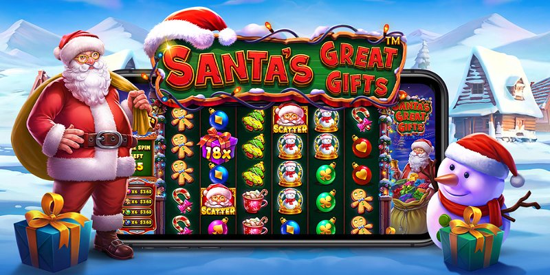Bannière officielle de Santa's Great Gifts avec Père Noël, bonhomme de neige et multiplicateur 18x sur la grille