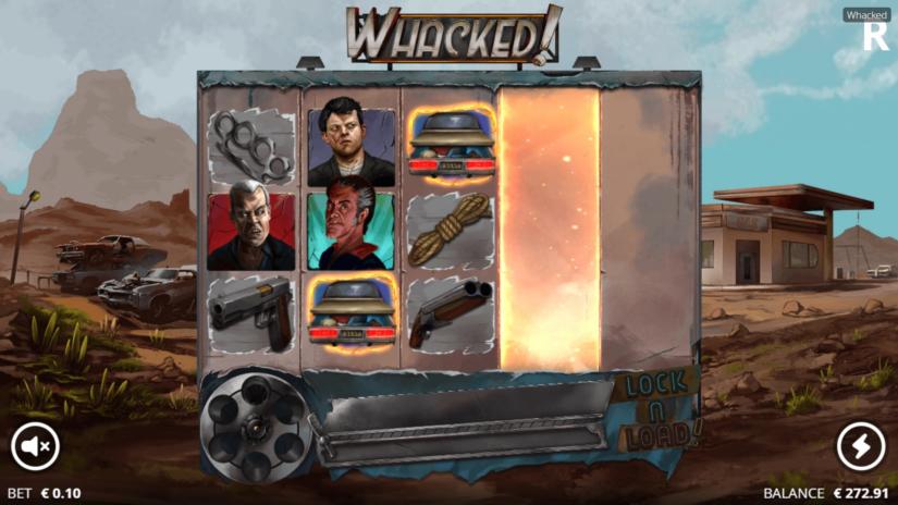 Grille 5x3 de Whacked en jeu de base avec le barillet Lock N Load visible sous les rouleaux