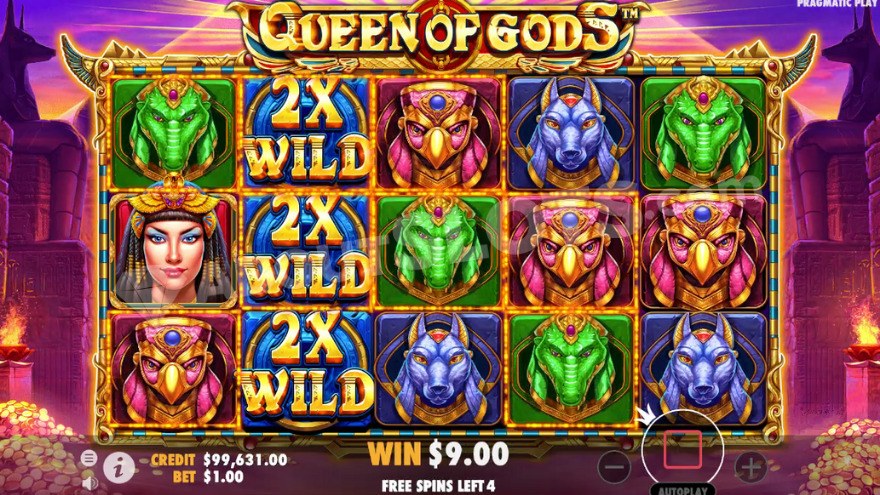 Écran de free spins de Queen of Gods avec le multiplicateur wild actif sur la grille