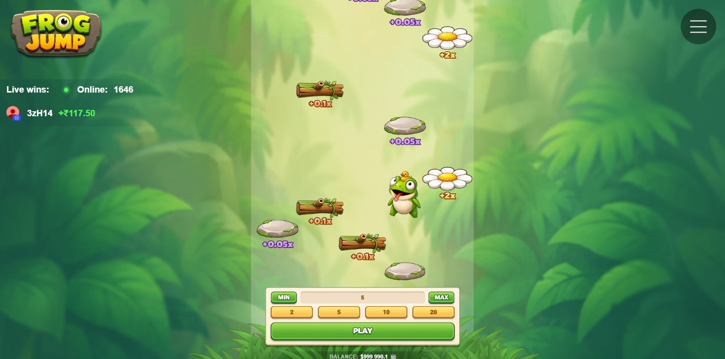 Écran de démarrage de Frog Jump avec le parcours de plateformes et les multiplicateurs affichés avant le lancement