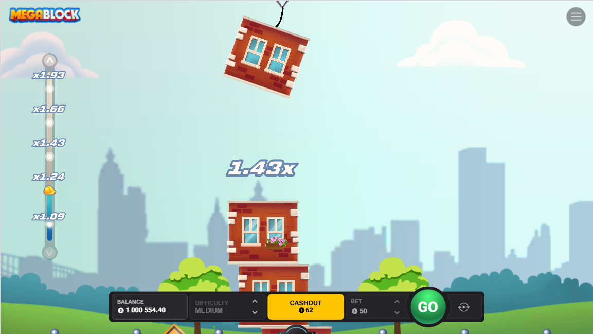 Écran de jeu MegaBlock avec la tour de blocs empilée et le multiplicateur affiché en temps réel
