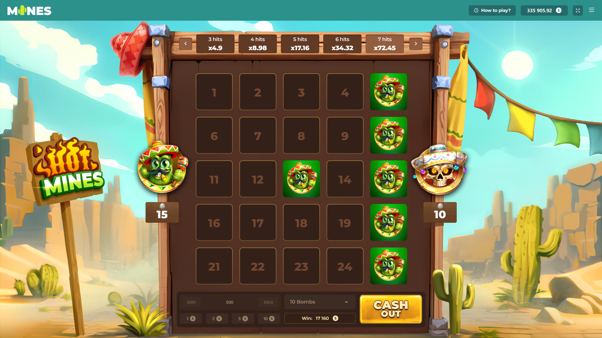 Grille 5x5 de Hot Mines en cours de partie avec des cellules cactus déjà validées et le tableau des multiplicateurs