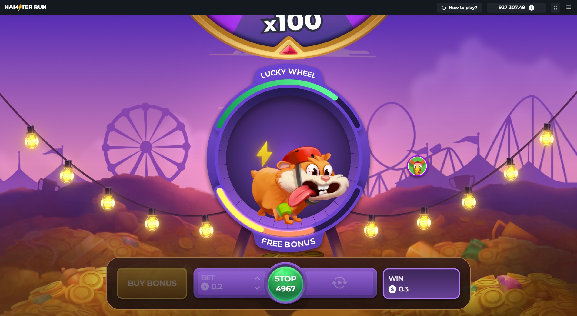 Interface de jeu Hamster Run avec le hamster et le multiplicateur en cours d'ascension