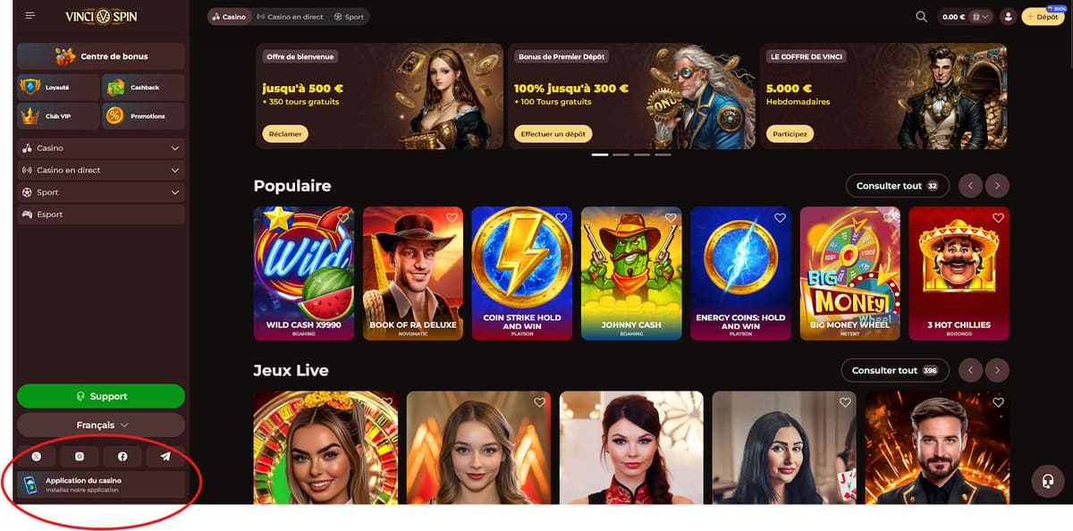 Application mobile de Vincispin affichée sur smartphone avec le lobby de jeux ouvert